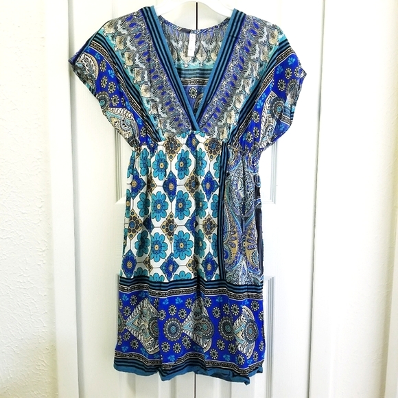 Blue Floral Multi Print VNeck Dress - Picture 1 of 13